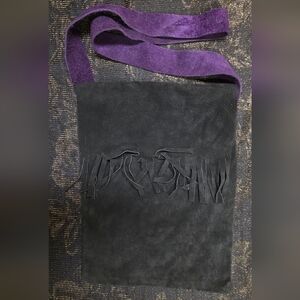 Handmade Black Suede Fringed Bag with Purple Strap